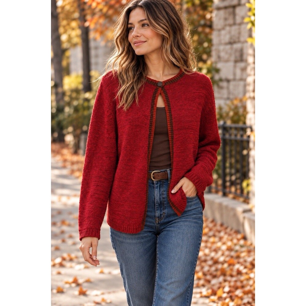 Coldwater Creek Cardigan Sweater Large Rust Red One Button Cottage Cotton Blend